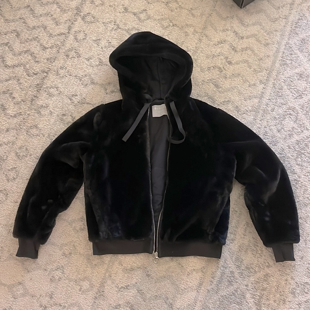 Athleta Faux Fur Zip Uo Hoodie Coat Jacket - Black - Small